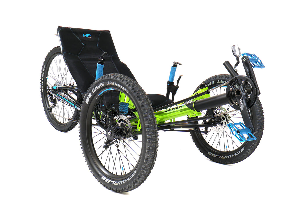 HP Velotechnik Scorpion fs 26 Enduro Green Recumbent Trike, studio front quarter view