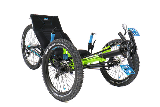 HP Velotechnik Scorpion fs 26 Enduro Green Recumbent Trike, studio front quarter view