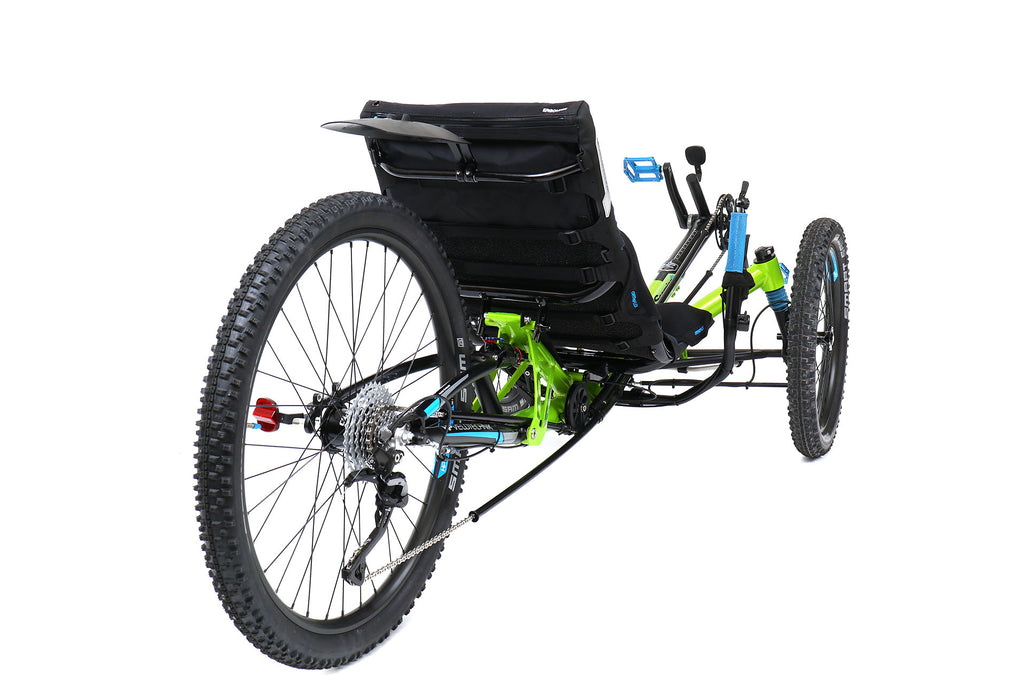 HP Velotechnik Scorpion fs 26 Enduro Green Recumbent Trike, studio rear quarter view