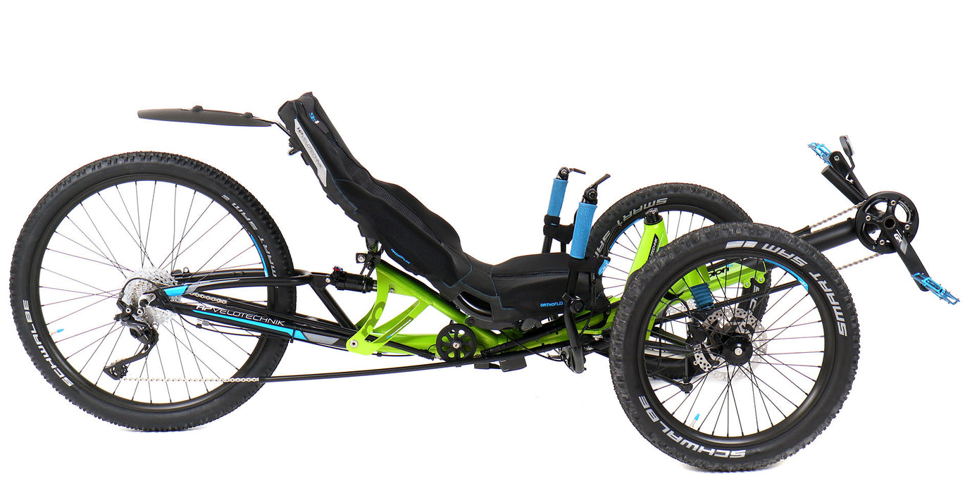 HP Velotechnik Scorpion fs 26 Enduro Green Recumbent Trike, studio side view