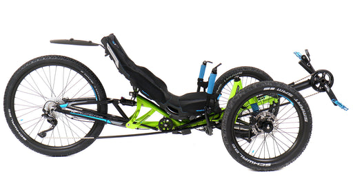 HP Velotechnik Scorpion fs 26 Enduro Green Recumbent Trike, studio side view