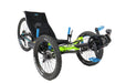 HP Velotechnik Scorpion fs 26 Enduro Shimano STEPS EP8 Green Recumbent Trike, studio front quarter view