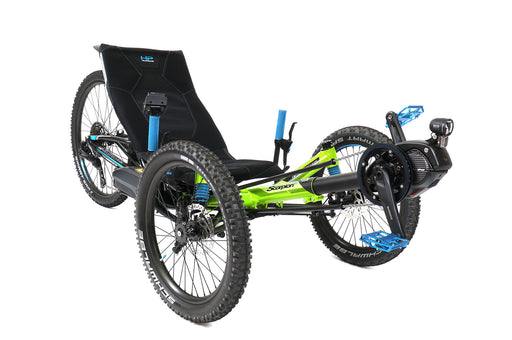 HP Velotechnik Scorpion fs 26 Enduro Shimano STEPS EP8 Green Recumbent Trike, studio front quarter view