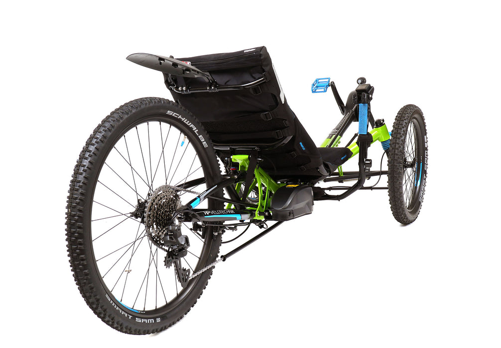 HP Velotechnik Scorpion fs 26 Enduro Shimano STEPS EP8 Green Recumbent Trike, studio rear quarter view