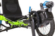 HP Velotechnik Scorpion fs 26 Enduro Shimano STEPS EP8 Green Recumbent Trike, studio front close-up view