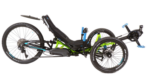 HP Velotechnik Scorpion fs 26 Enduro Shimano STEPS EP8 Green Recumbent Trike, studio side view