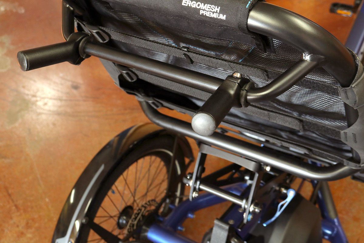 Black posts installed onto the back top bar of an HP Velotechnik Delta Trike as part of the stand-up feet kit.