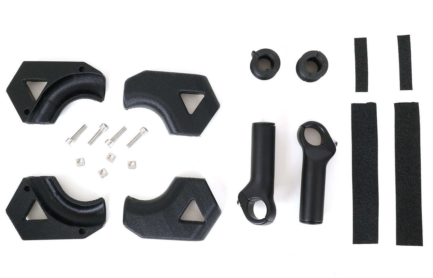 Studio image of all the parts that create the stand-up feet for an HP Velotechnik delta trike. 