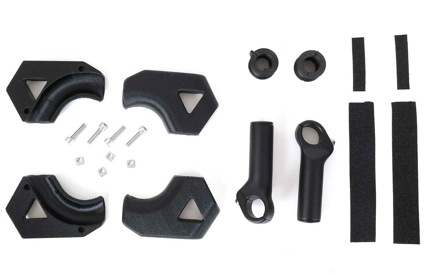 Studio image of all the parts that create the stand-up feet for an HP Velotechnik delta trike. 