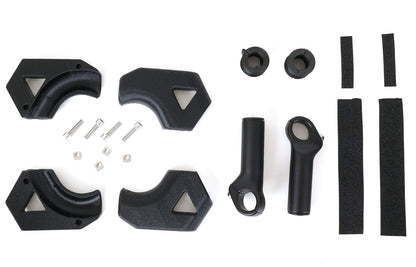 Studio image of all the parts that create the stand-up feet for an HP Velotechnik delta trike. 