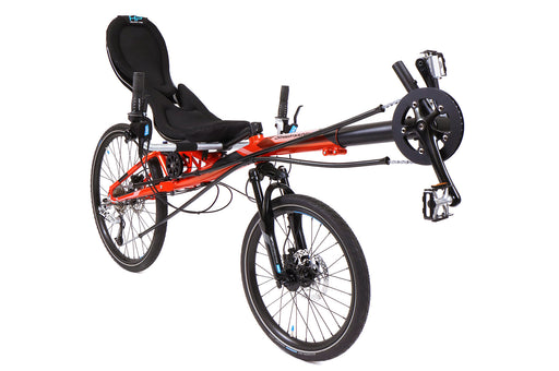 HP Velotechnik Street Machine GTe 30 Speed USS Pearl Orange Recumbent Bike, studio front quarter view