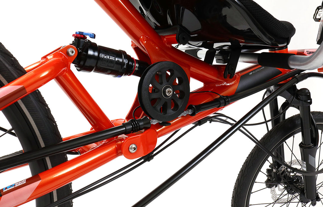 HP Velotechnik Street Machine GTe 30 Speed USS Pearl Orange Recumbent Bike, studio suspension detail view