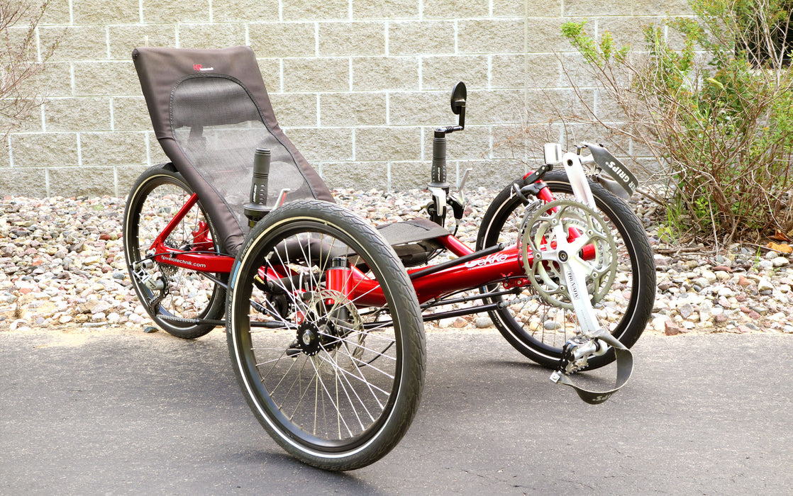 HP Velotecknik Used 2018 Gekko Red Recumbent Trike, front quarter view