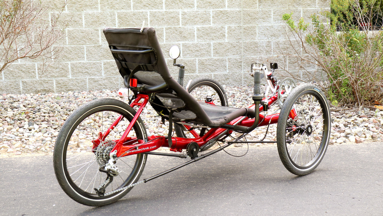 HP Velotecknik Used 2018 Gekko Red Recumbent Trike, rear quarter view