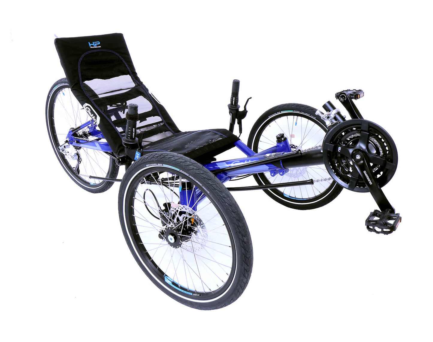 Front right angle studio view of blue recumbent trike with two twenty inch front wheels and a twenty-six inch back wheel.