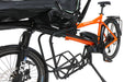 Hase Pino Cargo EP8 Orange Tandem Bicycle, studio front quarter detail view