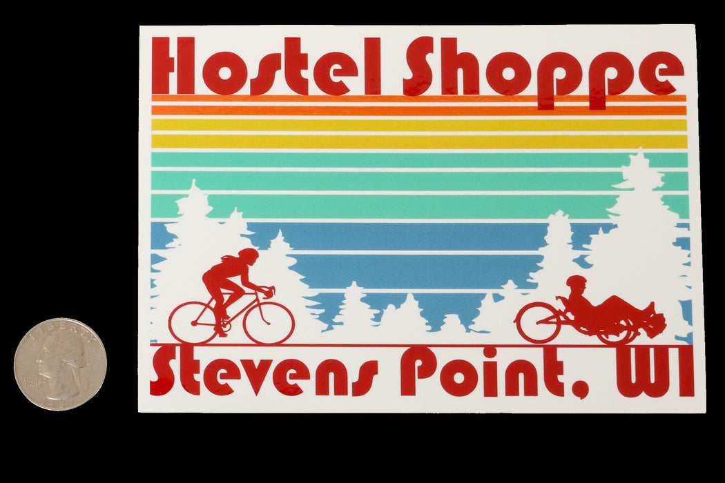 Hostel Shoppe Bike and Trike Stevens Point Bumper Sticker studio image with quarter for scale