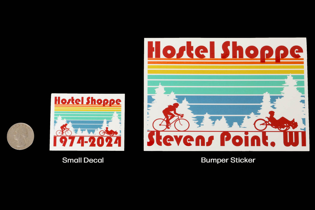 Hostel Shoppe Bike and Trike Stevens Point Bumper Sticker and small decal studio image with quarter for scale