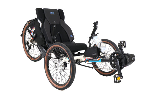 ICE  25th Anniversary Adventure Full Suspension Recumbent Trike with 26 inch rear wheel and Shimano STEPS EP8 Electric Assist in Cream, studio front quarter view