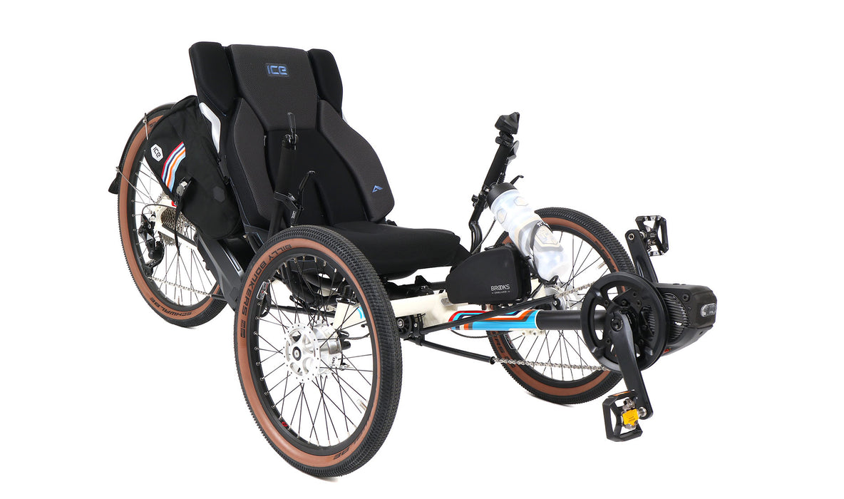 ICE 25th Anniversary Adventure 26 FS Shimano STEPS EP801 Cream Recumbent Trike, studio front quarter view