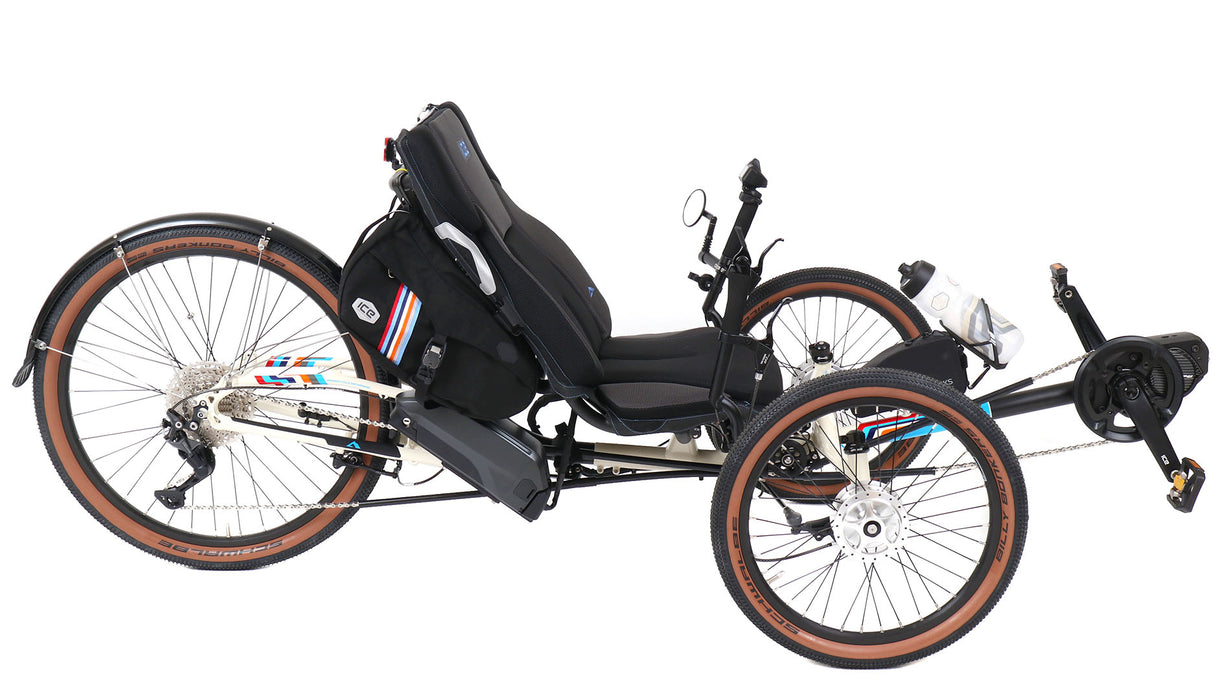 ICE 25th Anniversary Adventure 26 FS Shimano STEPS EP801 Cream Recumbent Trike, studio side view