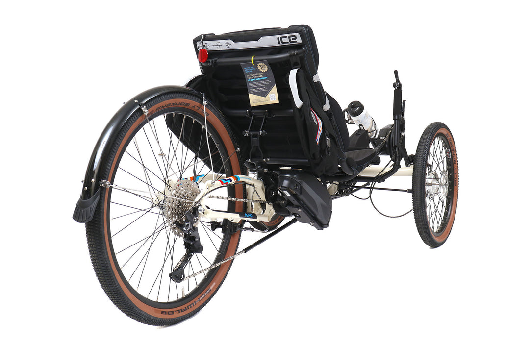 ICE  25th Anniversary Adventure Full Suspension Recumbent Trike with 26 inch rear wheel and Shimano STEPS EP8 Electric Assist in Cream, studio rear quarter view