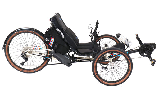 ICE  25th Anniversary Adventure Full Suspension Recumbent Trike with 26 inch rear wheel and Shimano STEPS EP8 Electric Assist in Cream, studio side view