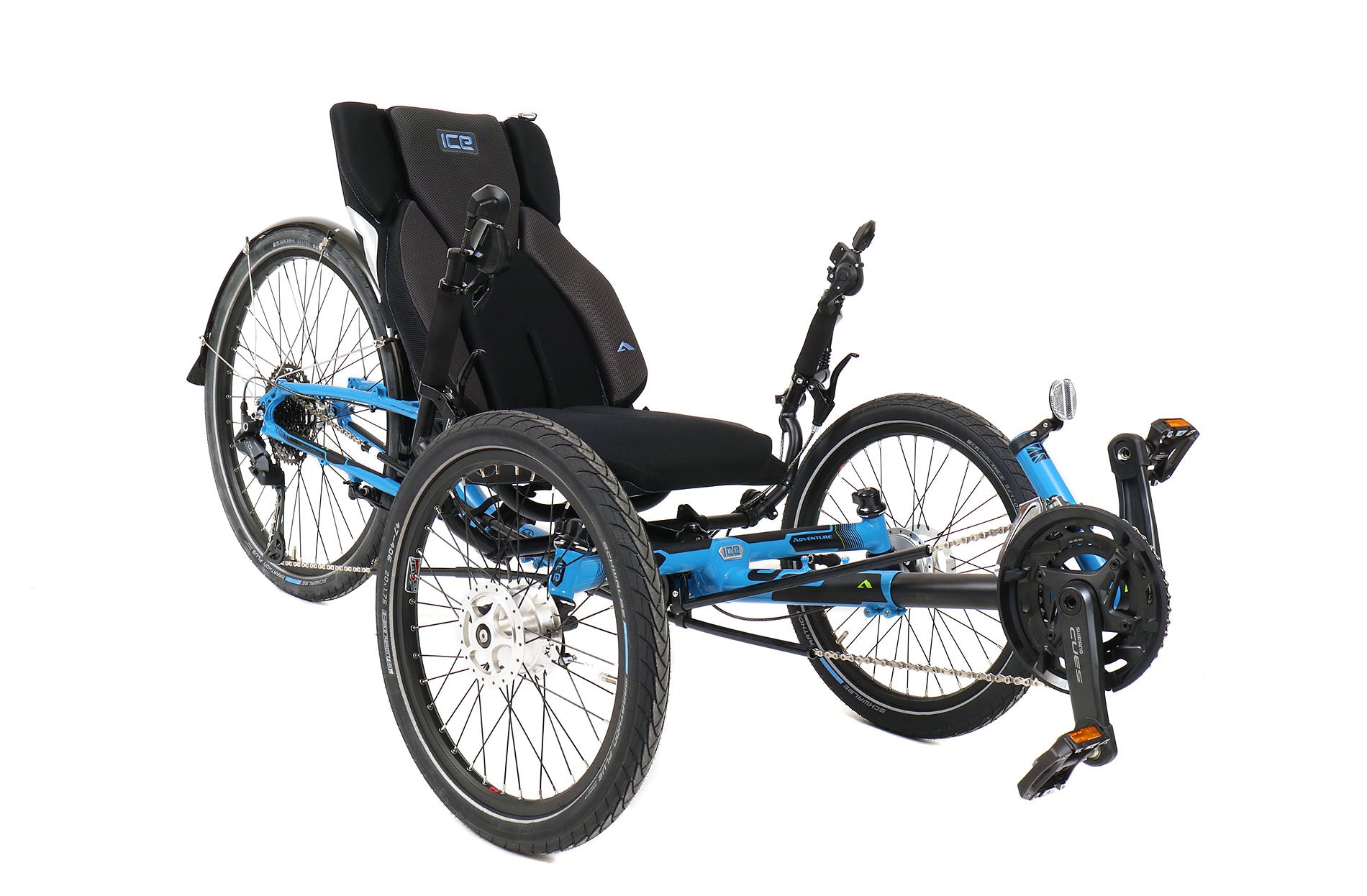 ICE Adventure 26 Compact Blue Recumbent Trike, studio front quarter view