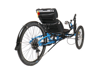 ICE Adventure 26 Compact Blue Recumbent Trike, studio rear quarter view