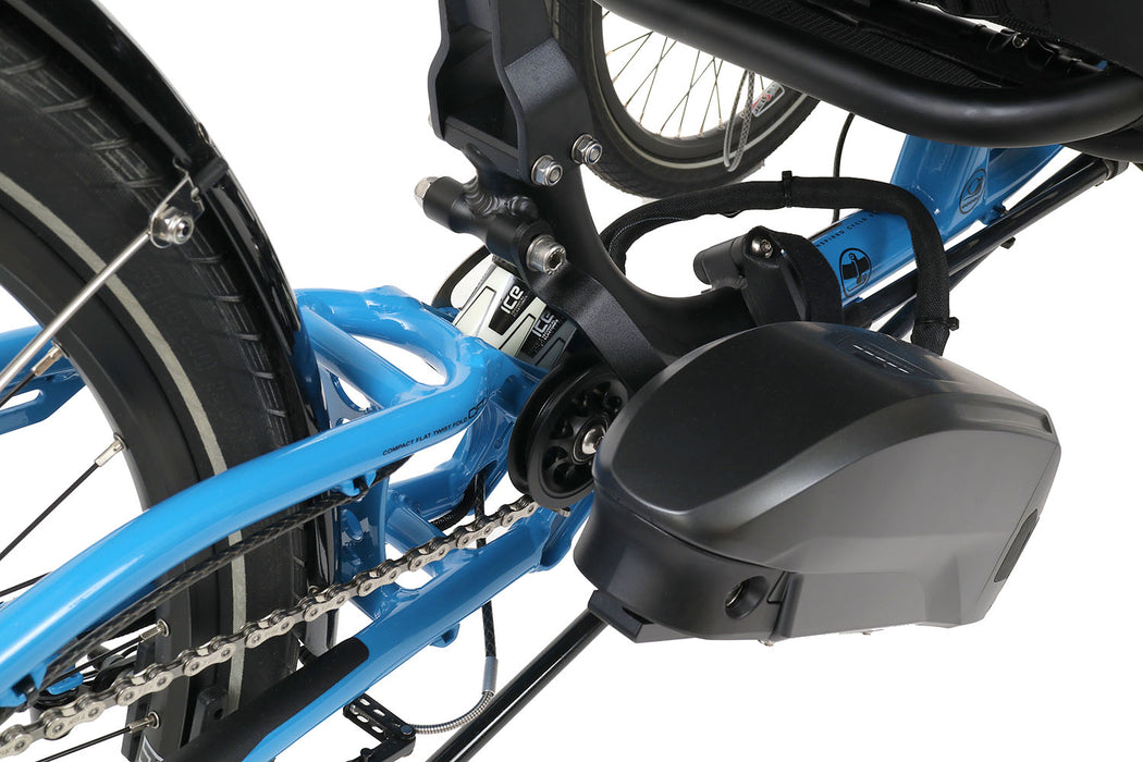 ICE Adventure 26 FS Shimano STEPS EP8 11 Speed Compact  Blue Recumbent Trike, studio side detail view
