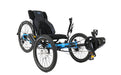 ICE Adventure 26 FS Shimano STEPS EP801 11 Speed Compact  Blue Recumbent Trike, studio front quarter view