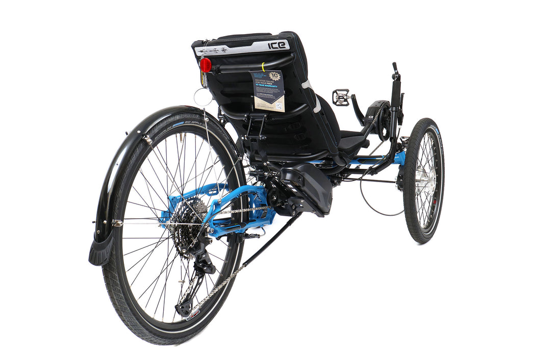 ICE Adventure 26 FS Shimano STEPS EP801 11 Speed Compact  Blue Recumbent Trike, studio rear quarter view