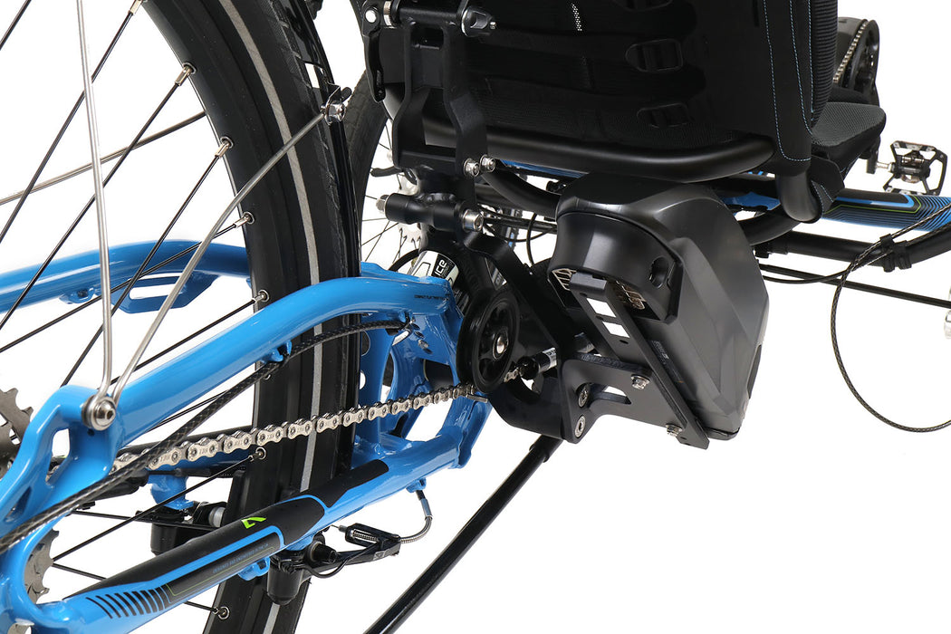 ICE Adventure 26 FS Shimano STEPS EP801 11 Speed Compact  Blue Recumbent Trike, studio rear detail view