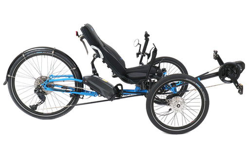 ICE Adventure 26 FS Shimano STEPS EP801 11 Speed Compact  Blue Recumbent Trike, studio side view