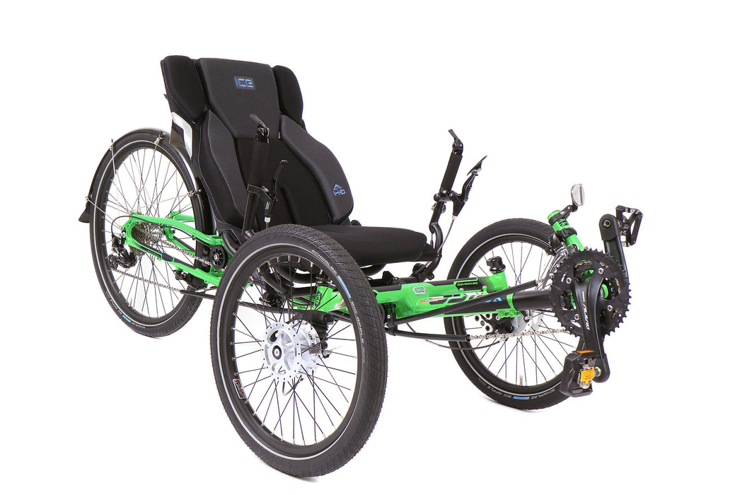 ICE Adventure HD 26 FS 3x10 Speed Compact Green Recumbent Trike, studio front quarter view