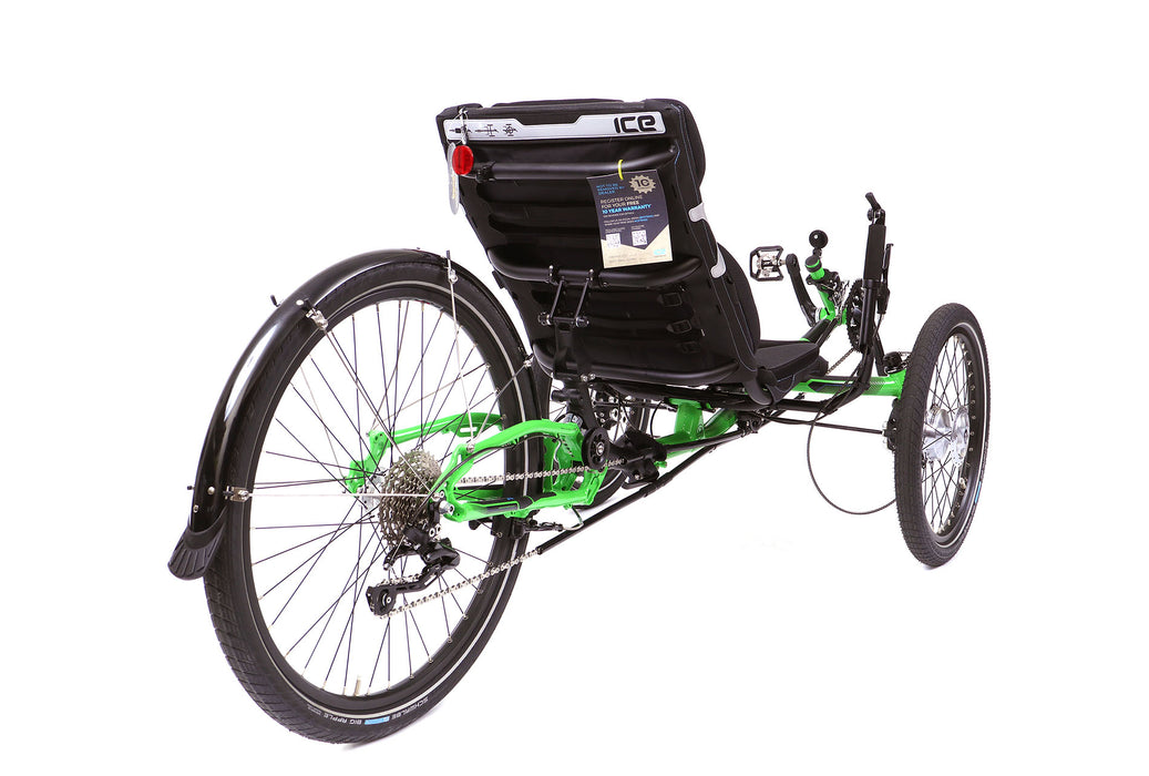 ICE Adventure HD 26 FS 3x10 Speed Compact Green Recumbent Trike, studio rear quarter view