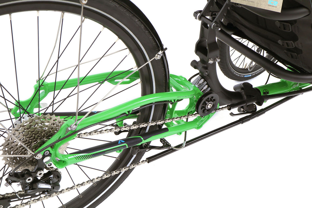 ICE Adventure HD 26 FS 3x10 Speed Compact Green Recumbent Trike, studio side detail view