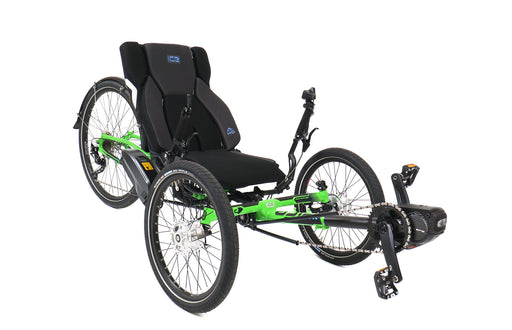 ICE Adventure 26 HD RS Shimano STEPS EP8 10 Speed Compact Green Recumbent Trike, studio front quarter view