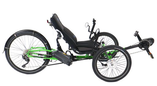 ICE Adventure 26 HD RS Shimano STEPS EP8 10 Speed Compact Green Recumbent Trike, studio side view