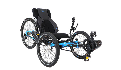 ICE Adventure  26 RS Shimano STEPS EP801 11 Speed Compact Blue Recumbent Trike, studio front quarter view