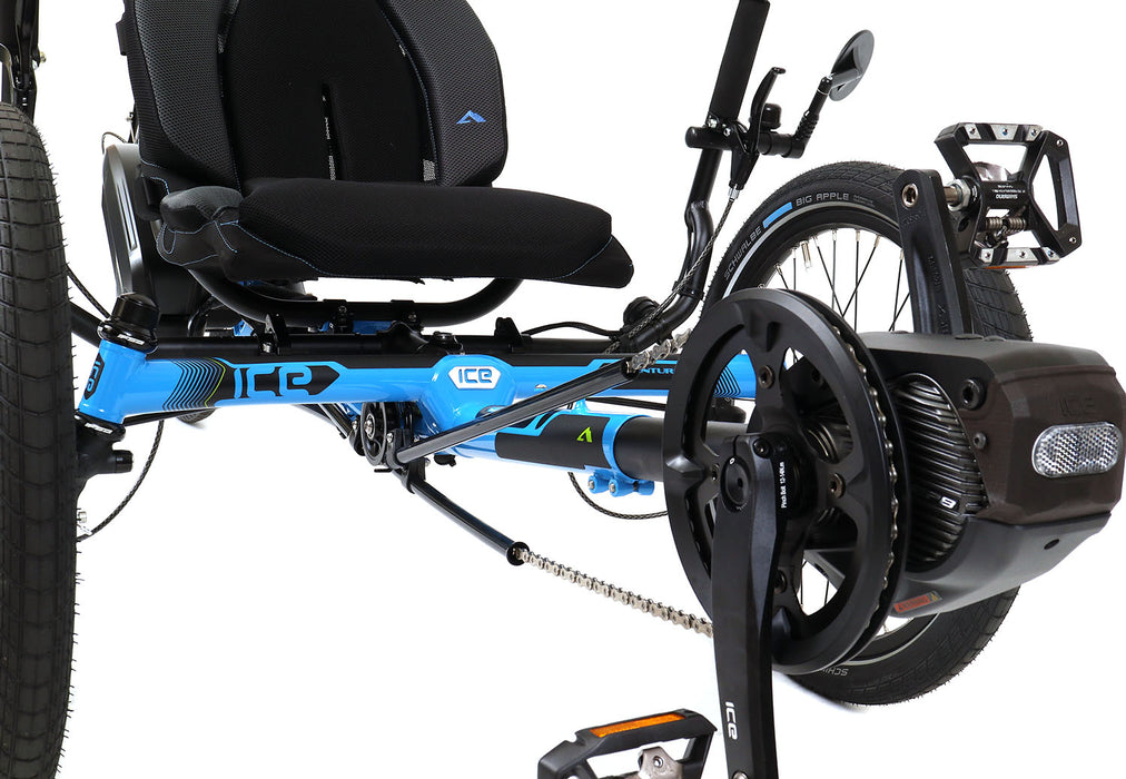 ICE Adventure  26 RS Shimano STEPS EP801 11 Speed Compact Blue Recumbent Trike, studio front detail view