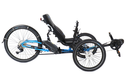 ICE Adventure  26 RS Shimano STEPS EP801 11 Speed Compact Blue Recumbent Trike, studio side view