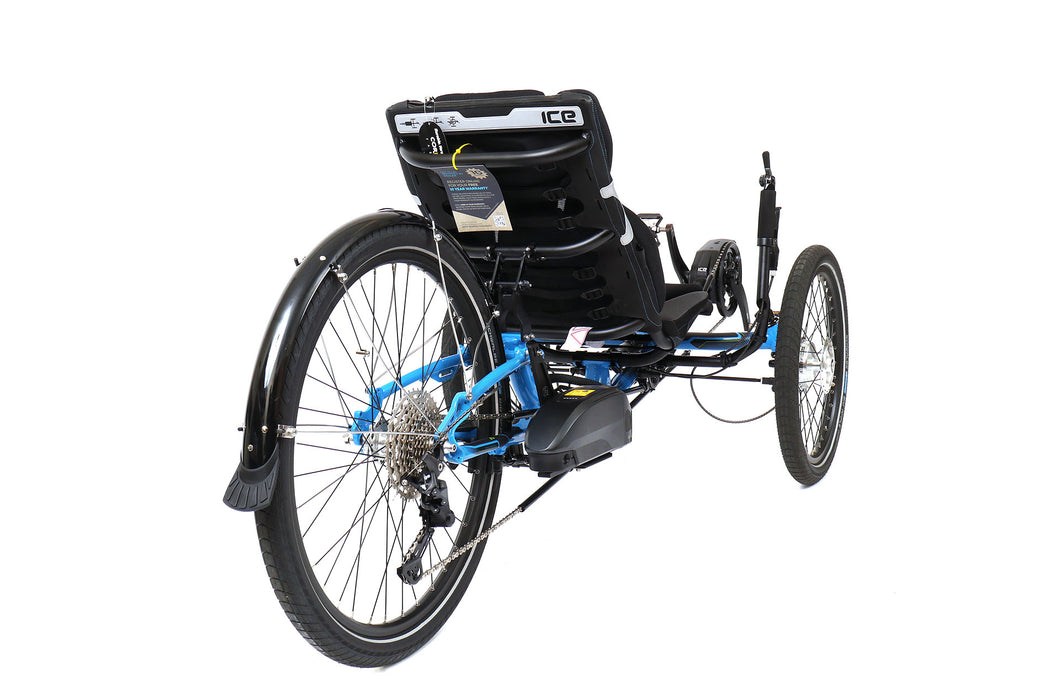 ICE Adventure 26 Shimano STEPS EP801 Compact Blue Recumbent Trike, studio rear quarter view