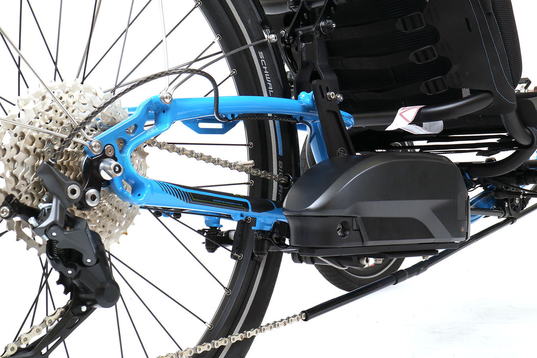 ICE Adventure 26 Shimano STEPS EP801 Compact Blue Recumbent Trike, studio rear detail view