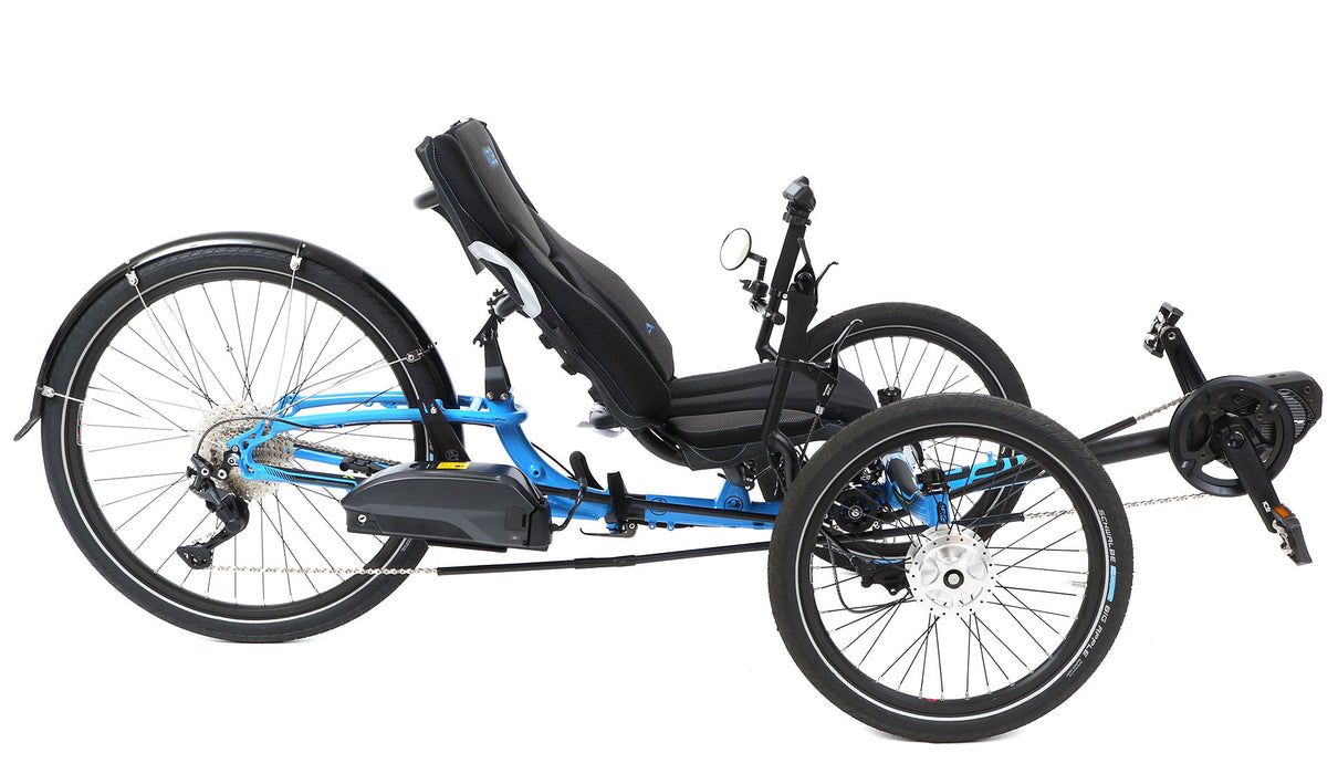 ICE Adventure 26 Shimano STEPS EP801 Compact Blue Recumbent Trike, studio side view