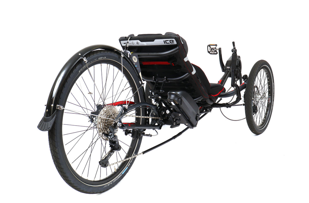 ICE Sprint X Tour 26 FS Steps EP8 11 Speed Grey Recumbent Trike, studio rear quarter view