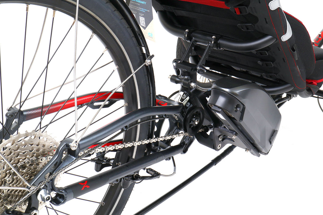 ICE Sprint X Tour 26 FS Steps EP8 11 Speed Grey Recumbent Trike, studio rear detail view