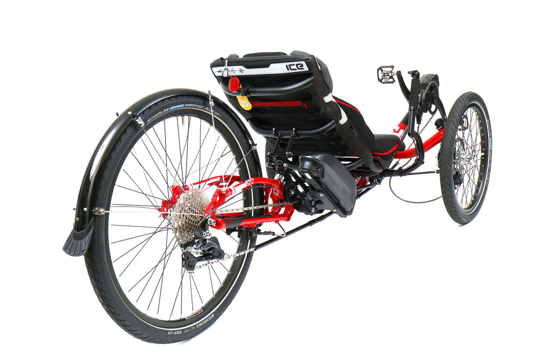 ICE Sprint X Tour 26 FS Steps EP801 Compact Passion Red Recumbent Trike, studio rear quarter view