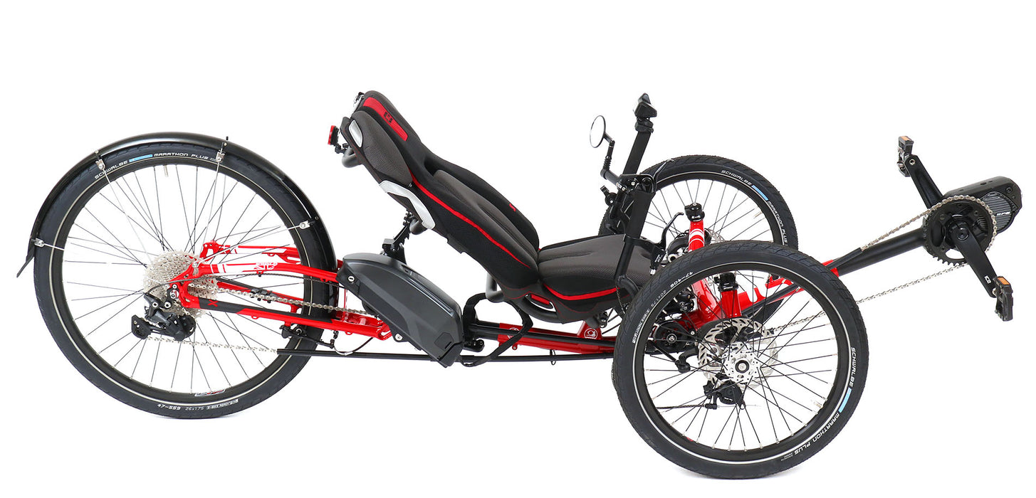 ICE Sprint X Tour 26 FS Steps EP801 Compact Passion Red Recumbent Trike, studio side view