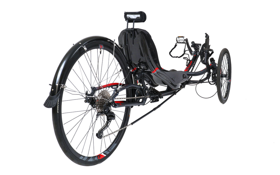 ICE Used 2022 Sprint X with 700c Wheelset and Full Suspension Grey Equipped Recumbent Trike, studio rear quarter view